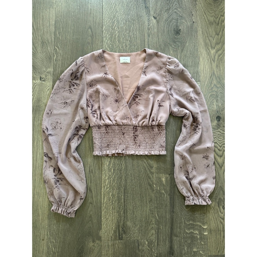Wilfred Aritzia Wistful Plunge Blouse XS Mauve Floral Smocked Crop Top Excellent